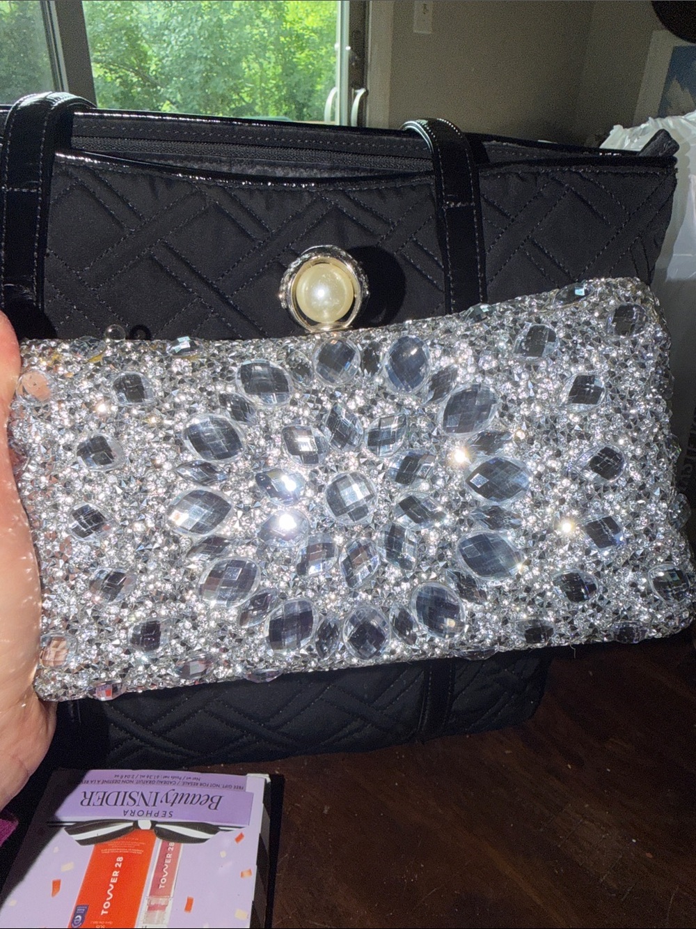Stunning Silver Jeweled Evening Clutch - Sparkling Crystal Rhinestone Pearl KISS